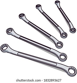 double box ratcheting wrench set with shadow in comic style from the right top view isolated on white background vector illustration