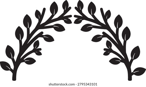 Double branch wreath of olive leaves silhouette isolated on transparent background decorative floral frame element for wedding invitation cards vector nature illustration botanical organic framing.