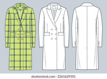 Сlassic double breasted Coat technical fashion illustration, yellow plaid design. Jacket fashion technical drawing template, front,  back view, white, Outerwear women, men, unisex CAD mockup set.