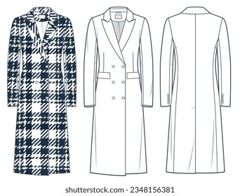 Сlassic double breasted Coat technical fashion illustration, black plaid design. Midi Coat fashion flat technical drawing template, front, back view, white, Outerwear women, men, unisex CAD mockup set
