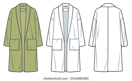 Ilustração da moda técnica do Casaco de Seio Duplo. Shawl gola casaco moda modelo de desenho técnico plano, frente e vista traseira, branco, verde, mulheres, homens, unisex Outerwear CAD mockup set.