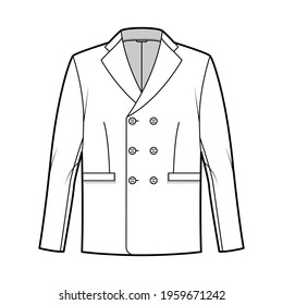 Double breasted jacket suit technical fashion illustration with long sleeves, notched lapel collar, flap welt pockets. Flat coat template front, white color style. Women, men, unisex top CAD mockup