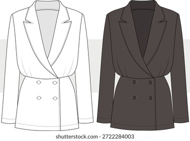 Double Breasted Long Sleeve Blazer Dress Fashion Design, Illustration. Skirt shirt suit flat sketch vector. Front view, Cad, Mockup.