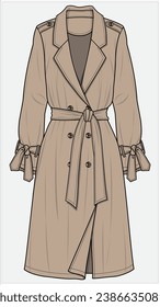 RECUBRIMIENTO DOBLE DE LA ROPA DE TRENCH LARGO LARGO CON LAPILLO NOTCH Y DETALLE DE LA CINTURA AUTOMÁTICA DISEÑADO PARA MUJERES EN ILUSTRACIÓN DE VECTORES 