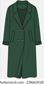 DOUBLE BREASTED LONG TRENCH ROBE COAT WITH WELT POCKET DETAIL DESIGNED FOR WOMEN IN VECTOR ILLUSTRATION 
