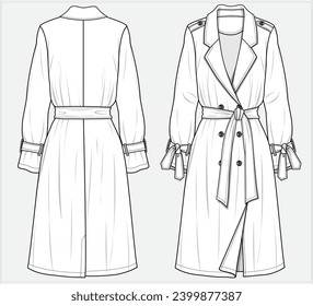 DOUBLE BREASTED LONG TRENCH ROBE COAT WITH NOTCH LAPEL AND SELF TIE UP BELT DETAIL DESIGNED FOR WOMEN IN VECTOR ILLUSTRATION 