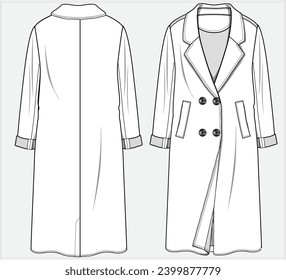 DOUBLE BREASTED LONG TRENCH ROBE COAT WITH WELT POCKET DETAIL DESIGNED FOR WOMEN IN VECTOR ILLUSTRATION 