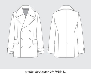 double breasted peacoat, front and back, drawing technical flat sketches of garments with vector illustration.
