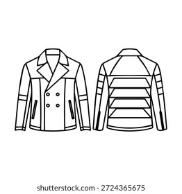 Double Breasted Quilted Jacket Outline Vector, Winter Outerwear Line Art for Technical Apparel Drawing and Manufacturing Specification Template