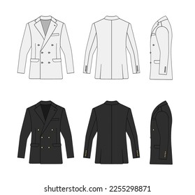 Conjunto de ilustraciones vectoriales de chaqueta de traje doble trenzado (con vista lateral)