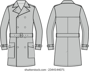 Double breasted trench coat flat sketch. Overcoat apparel design. Front back. Men CAD mockup. Fashion technical drawing template. Vector illustration.