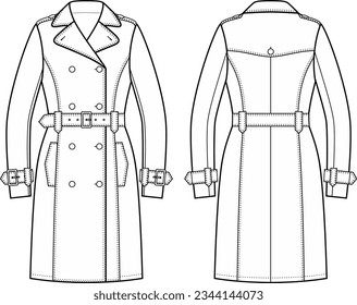 Double breasted trench coat flat sketch. Overcoat apparel design. Front and back. Women CAD mockup. Technical drawing template. Vector illustration.