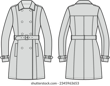 Double breasted trench coat flat sketch. Overcoat apparel design. Front back. Women CAD mockup. Technical drawing template. Vector illustration.