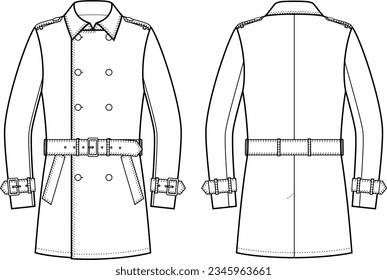 Double breasted trench coat flat sketch. Overcoat apparel design. Front back. Men CAD mockup. Technical drawing template. Vector illustration. 