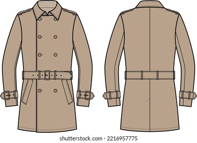 Double breasted trenchcoat flat sketch. Overcoat apparel design. Front back. Men CAD mockup. Fashion technical drawing template. Vector illustration.