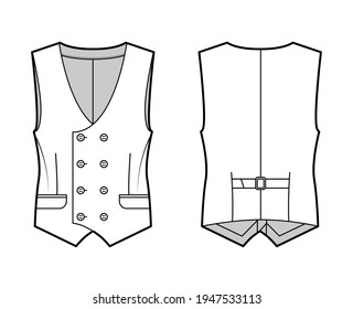 Double breasted vest waistcoat technical fashion illustration with sleeveless, button-up closure, flap pockets, fitted body. Flat template front, back, white color style. Women, men, unisex CAD mockup
