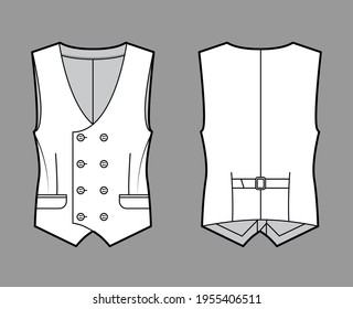 Double breasted vest waistcoat technical fashion illustration with sleeveless, button-up closure, flap pockets, fitted body. Flat template front, back, white color style. Women, men, unisex CAD mockup