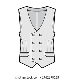 Double breasted vest waistcoat technical fashion illustration with sleeveless, button-up closure, flap pockets, fitted body. Flat template front, grey color style. Women, men, unisex top CAD mockup