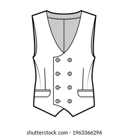 Double breasted vest waistcoat technical fashion illustration with sleeveless, button-up closure, flap pockets, fitted body. Flat template front, white color style. Women, men, unisex top CAD mockup