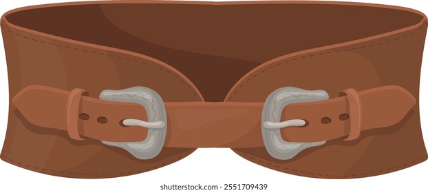 Double buckle belt. Waist brown clothes strap isolated on white background