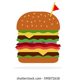Double burger with beef and bacon vector flat material design isolated on white