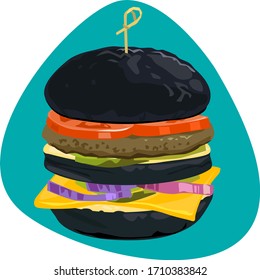 Hamburguesa doble con bollos negros, tomates, chuletas, cebollas frescas, ensalada y queso de fondo azul.