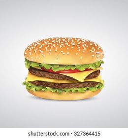 Double burger with cheese in bun with sesame realistic vector.