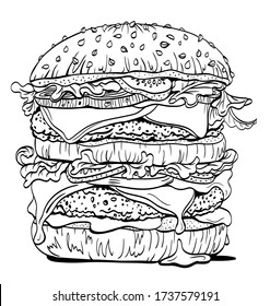 Doble hamburguesa, dibujo lineal de contorno, boceto gráfico, libro de colores para adultos y niños, imagen para menú, afiche y otros diseños.