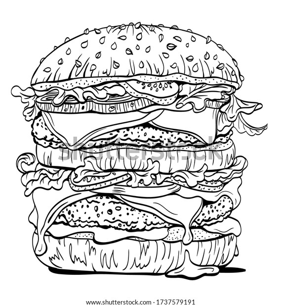 Burger Double Dessin Lineaire De Contour Image Vectorielle De Stock Libre De Droits