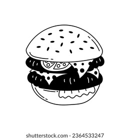 Double burger doodle. Vector illustration of hamburger or cheeseburger. American fast food line art. Sketch style.