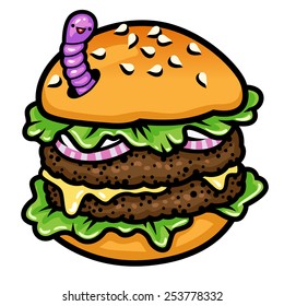 A double burger with funny worm. Color illustration. 