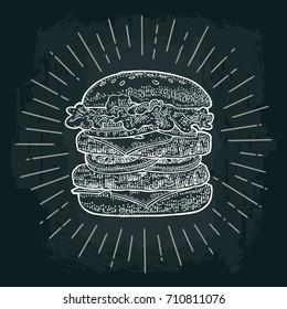 Double burger include cutlet, tomato, cucumber and salad with rays.Vector white vintage engraving illustration on dark chalkboard. For poster and menu.