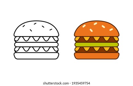 Double burger logo. Linear icon and color version. Black simple illustration of fast food. Contour isolated vector pictogram on white background