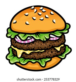 A double burger with meat with vegetables. Color illustration. 