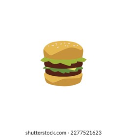 Double burger with tasty bun, meat patty and salad, flat vector illustration isolated on white background. Concept of fast food. Cartoon cheeseburger for restaurant or cafe menu design.