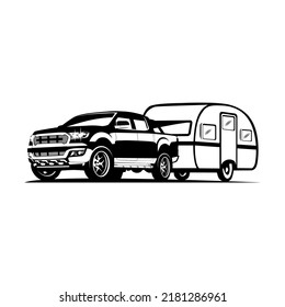 Double Cabin Car Tow Caravan Trailer, Caravan Trailer For Adventure And Seasonal Camping. Vector Illustration.