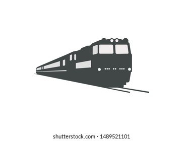 Double cabin electric diesel locomotive pulling passenger train. Silhouette style with perspective view