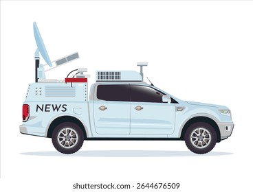 Double cabin pickup car satellite transmission broadcasting vehicle vector illustration