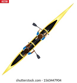 Double canoe and paddlersTop view of Equipment whitewater sprint canoeing. Vector Illustration isolated on white background.