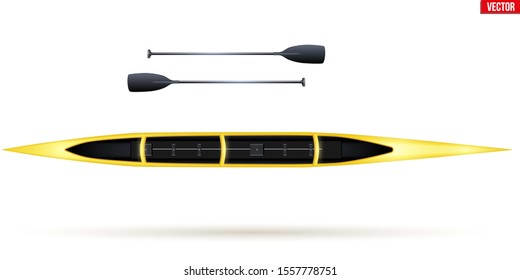 Double canoe and paddles for water sports. Top view of Equipment whitewater sprint canoeing. Vector Illustration isolated on white background.