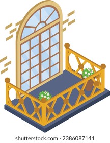 Double casement top circle window on brick wall isometric Concept Vector Icon Design, balcony window front view symbol, House exterior design idea with modern  and classic balconies stock illustration