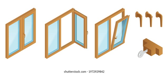 Double casements wooden windows with  accessories isometric set on white background isolated vector illustration