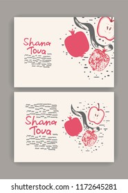 Double celebration card. Hand drawn background with apple and Garnet. Shana Tova.Rosh hashanah (jewish New Year holiday) concept. Traditional symbols.day of the holy assembly