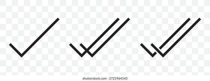 Doppelte Überprüfung Symbol ankreuzen Symbol Bestätigung, Genehmigung, Erfolg Symbole. Häkchensymbol. Einzel- und Doppelticks. Bestätigungs- und Lesestatussymbol der Meldung. Wird im Chat verwendet, Aufgaben und Benachrichtigungen Zeichen auf transparentem Hintergrund. EPS 10.