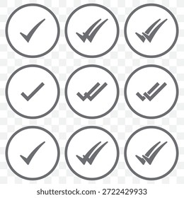 Double check icon tick symbol confirmation, approval, success icons. Check mark icon. Single and double ticks. Confirmation and read message status symbol. Used in chat, tasks, and notifications sign On Transparent Background. EPS 10.