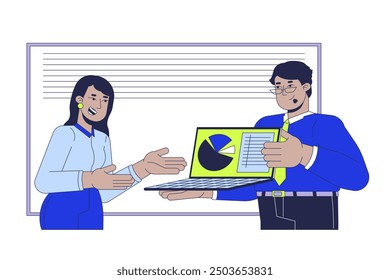 Double checking data with manager cartoon flat illustration. Diverse supervisor with subordinate 2D characters isolated on white background. Analytics in product management scene vector color image