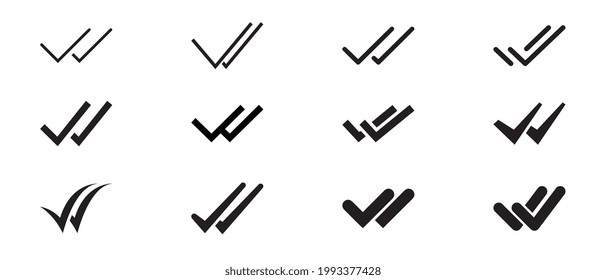 Double checking in different style for confirm approval. Two arrow for Valid seal sign. Checklist completed logo. Double check mark icon set. Vector illustration. Design on white background. EPS 10