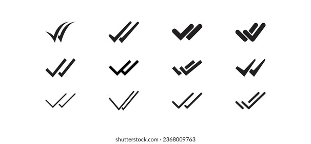 Double checking in different style for confirm approval. Two arrow for Valid seal sign. Checklist completed logo. Double check mark icon set. Vector illustration. Design on white background. EPS 10