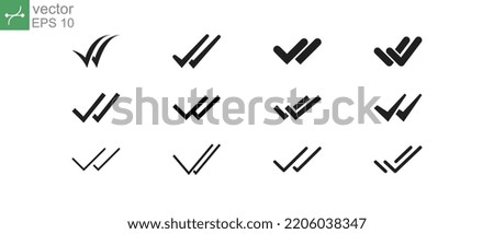 Double checking in different style for confirm approval. Two arrow for Valid seal sign. Checklist completed logo. Double check mark icon set. Vector illustration. Design on white background. EPS 10