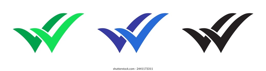 Double checking icon. Green, blue and black double tick, check mark. Flat done sticker icon isolated on white. Accept button. Good for web and software interfaces. Vector illustration.